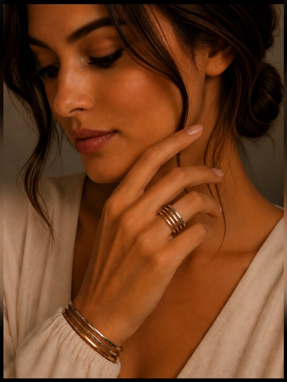 Gold Stacked Bangle Bracelet and Ring Set — Elegant Women Jewelry